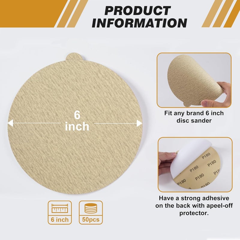 Shawya Premium 6 Inch Gold PSA Sanding Discs 180 Grit (Box of 50) Self Adhesive Stickyback Sandpaper for Wood Working Metal Polishing Easy Attachment Efficient Sanding Performance - Image 4